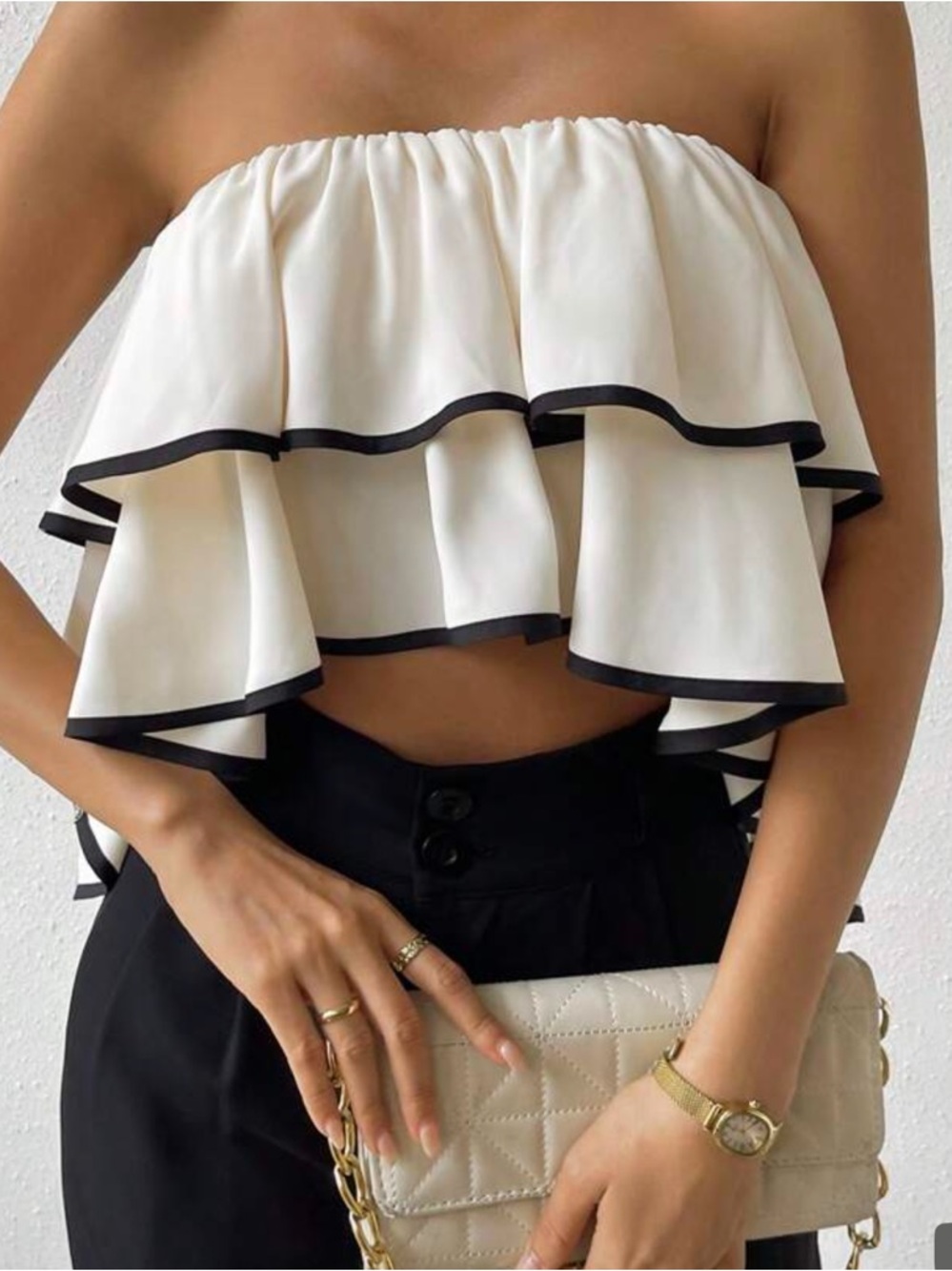 SHEIN White Strapless Ruffle Crop Top with Black Trim